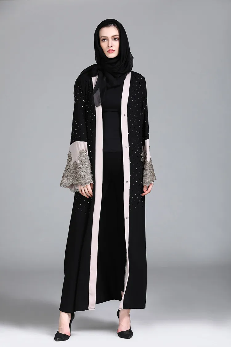 イスラム教徒の女性カーディガンアバヤダイヤモンド刺繍トルコのドレスコントラストカラードバイカフン中東ローブイスラム服Jalabiya