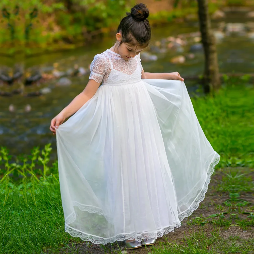 Boho Chic Flower Girl Sukienki 2018 Vintage Krótkie Rękawy Junior Druhna Sukienka Długość Piętra Czeski Pierwsza komunię sukienka dla małych dziewczynek