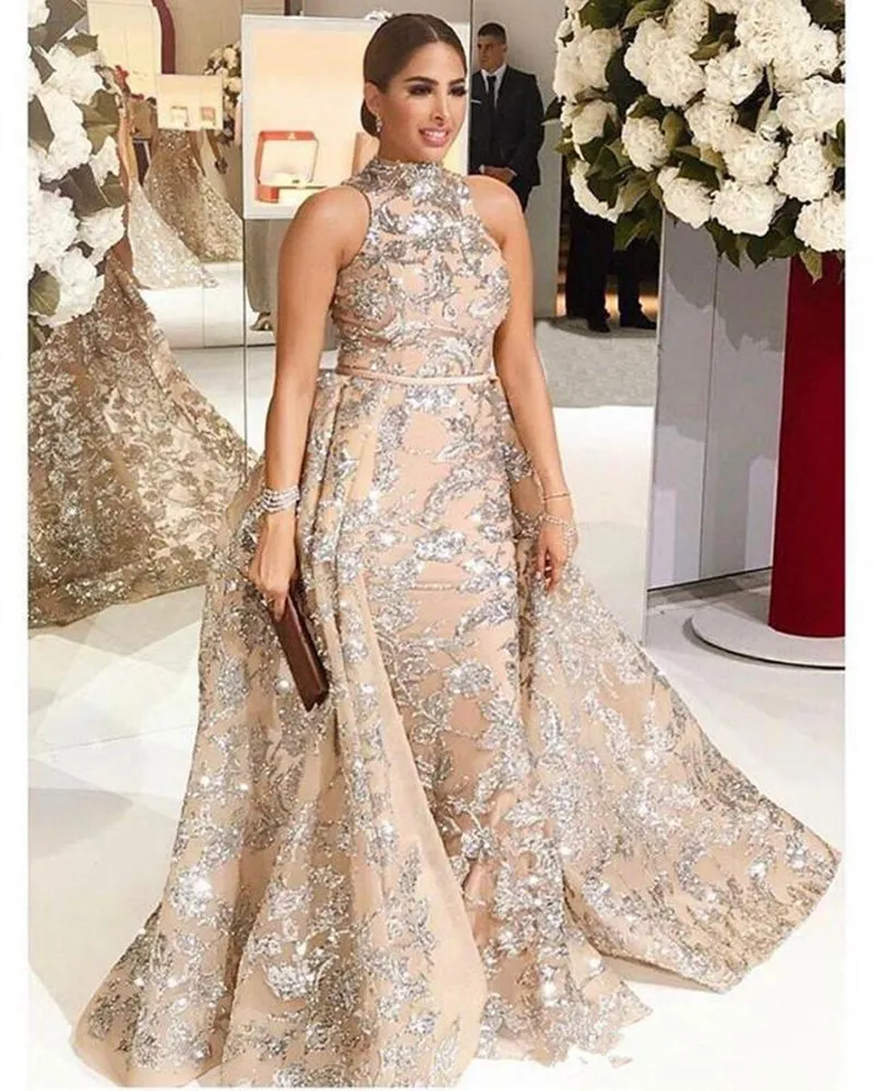 2020 New Yousef Dubai Arabic Evening Dresses Prom Gowns Overskirt Detachable Train Champagne Mermaid Lace Applique Party Dress High Neck