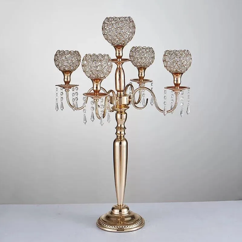 80 cm yükseklik 5-arms metal Altın / Gümüş kristal kolye ile düğün mumluk candelabras Olay merkezinde Parti Dekorasyon