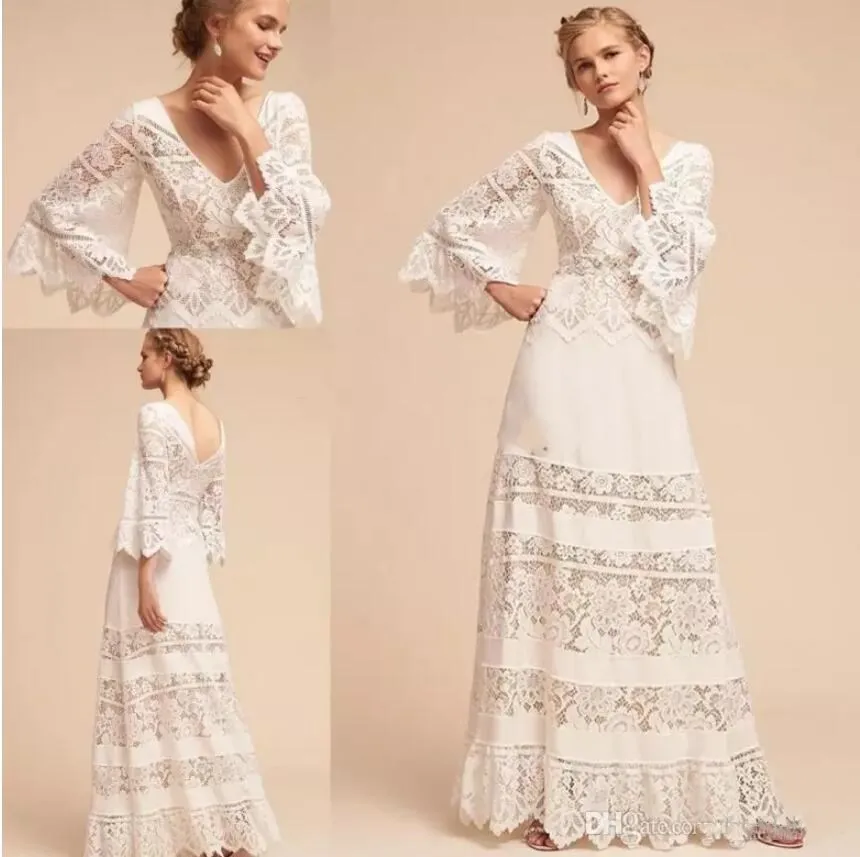 BHLDN 2020 Свадебные платья Кружева Аппликации Длинные рукава Bohemian Свадебные платья плюс размер V-образным вырезом Длина пола платье Line свадебное