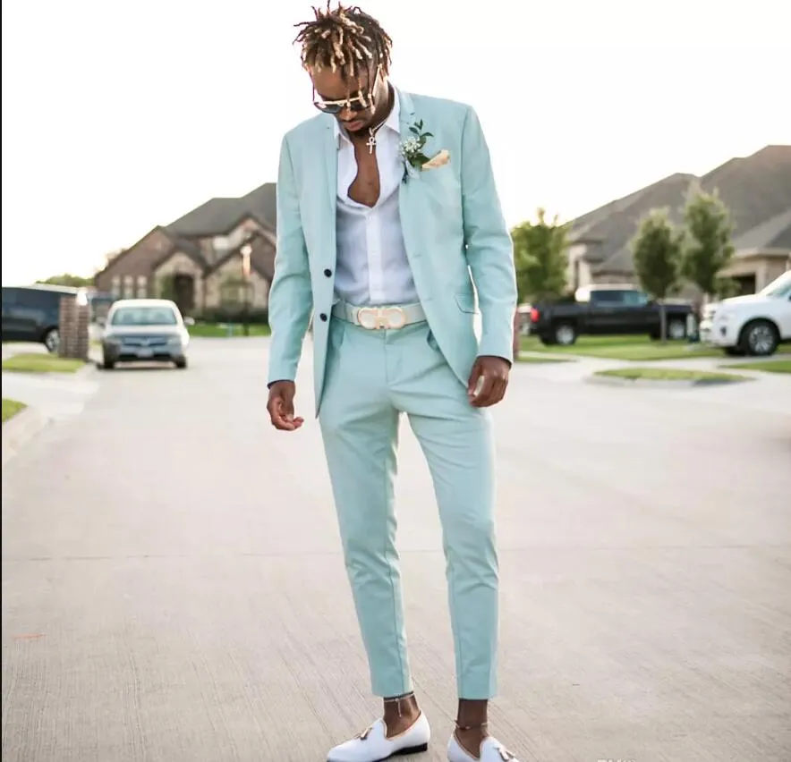 2018 Mint Green Mens Garnitury Slim Fit Dwa Piece Beach Groomsmen Smokingi Ślubne dla mężczyzn Peaked Lapel Formalny Prom Suit (Kurtka + Spodnie)