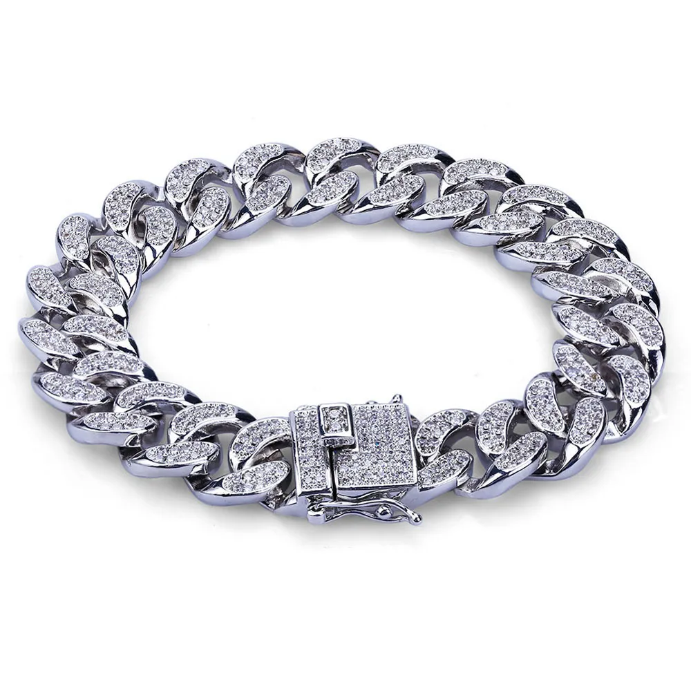 Kupfer-Mikroeinsätze, weißer Diamant, MIAMI CUBAN LINK-Armbänder, Herren-Hip-Hop-Bling-Iced-Out-Ketten mit Schmuckschatulle