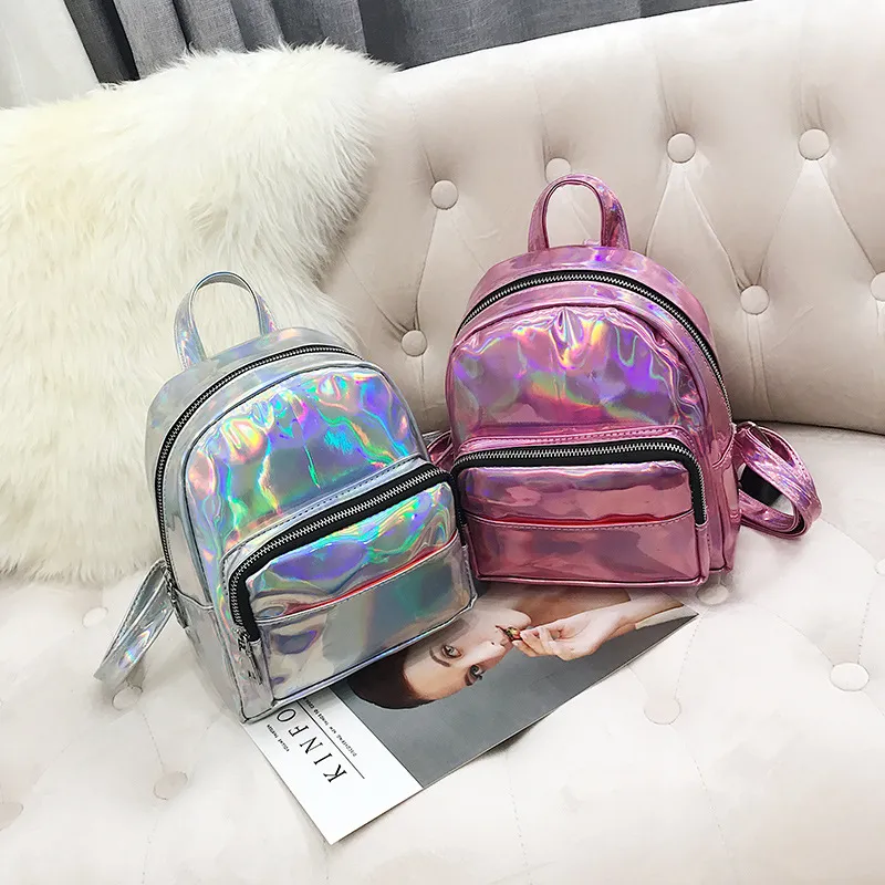 DHL50pcs Hologramm Laser Rucksack Rosa Silber Wasserdichte Weibliche Kleine Taschen Leder Holographische Mini Rucksäcke Für Teenager Reisetasche