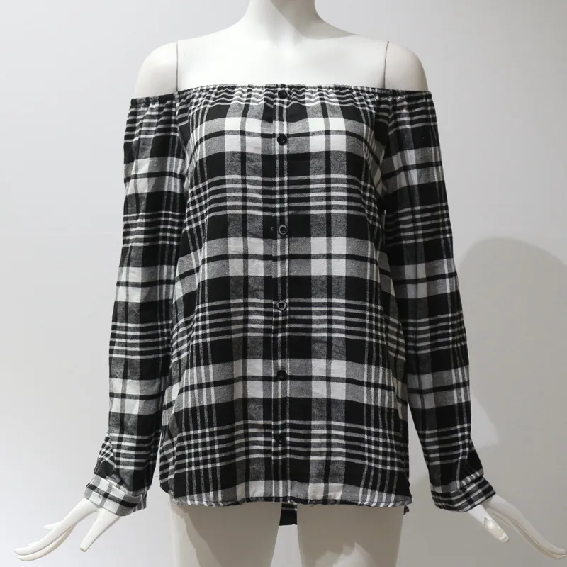 Spring Women Plaid T-shirt Slash Neck Długie Rękawy Single Pierś Pulower Siatka Drukowana Off Bluzka Ramię