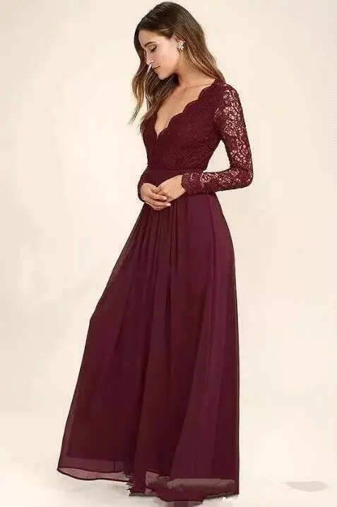 2018 Burgundy V Neck Long Sleeves Chiffon Bridesmaids Dresses Lace Top Hollow Back Maid of Honor Wedding Guest Prom Party Dresses