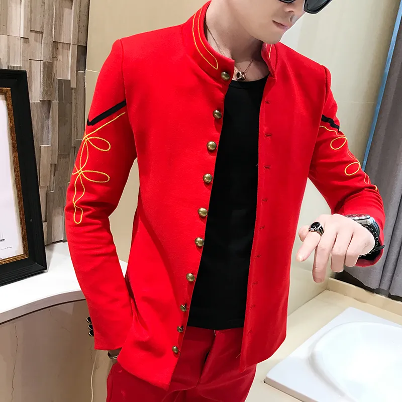 4 Farbe Goldknopf Chinesischer Kragen Anzugjacke Slim Fit Herren Blazer Muster Armee Pilotenjacke Herren Schwarz Blau Rot Weiß Blazer245B