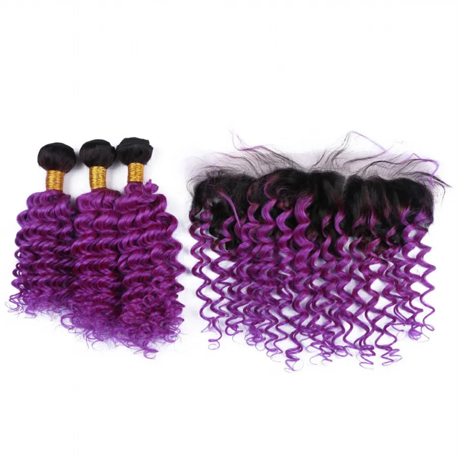 Dois Tom Roxo Ombre Cabelo Humano Tece com Onda Profunda Do Laço Frontal Encaracolado Ombre Cheia Lace Frontal Encerramento com 3 Feixes de Cabelo