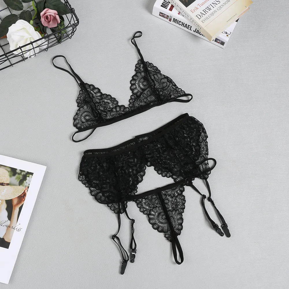 New sexy lace bra panty garter belt set women black transparent wire free lingerie 2019 seamless intimates underwear bralette