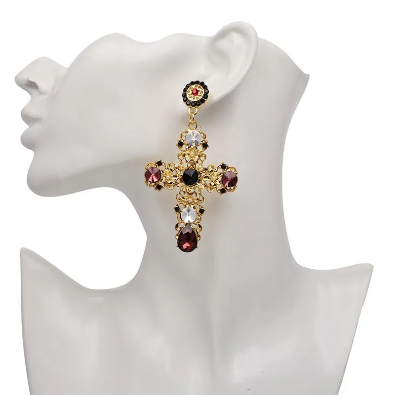 New Arrival Vintage Black Crystal Cross Drop Earrings for Women Baroque Bohemian Large Long Earrings Jewelry Brincos