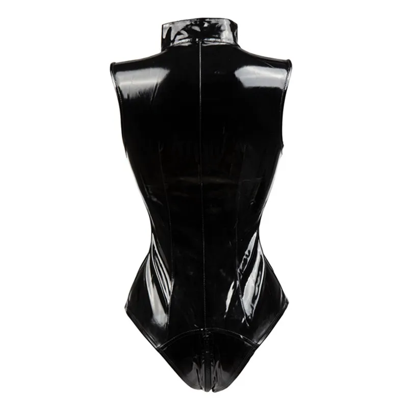 Sexig svart PVC Bodysuit Zipper Latex Wetlook Catsuit Gothic Faux Leather Jumpsuit Women Fetish PVC Teddy Clubwear Costume Y1810160290G