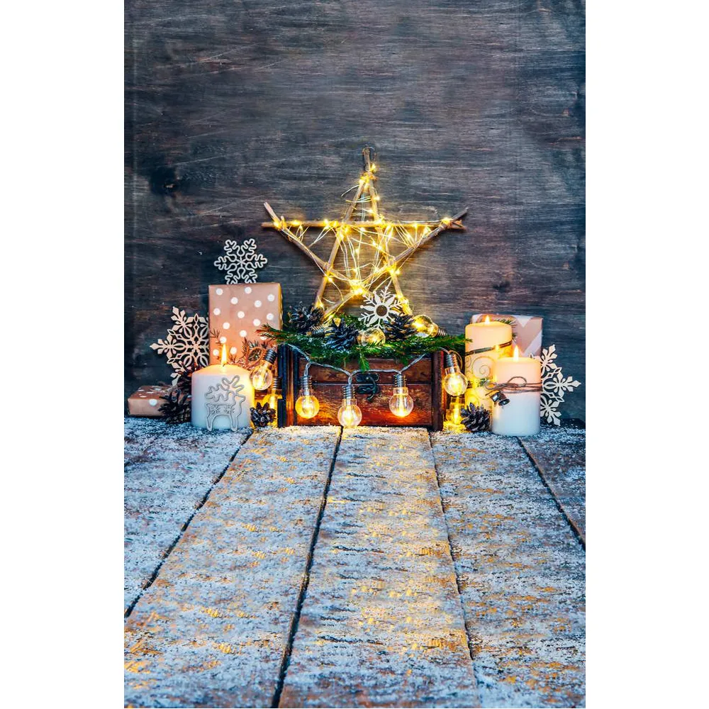 Wood Wall Baby Kids Christmas Background Vinyl Printed Presents Candles Light Sparkling Star Bulbs Snowflakes Photo Backdrops