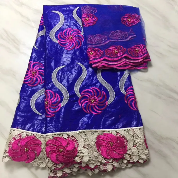 5Yards Wonderful royal blue african Bazin brocade lace fabric and 2Yards french net lace embroidery for dress BZ6-2