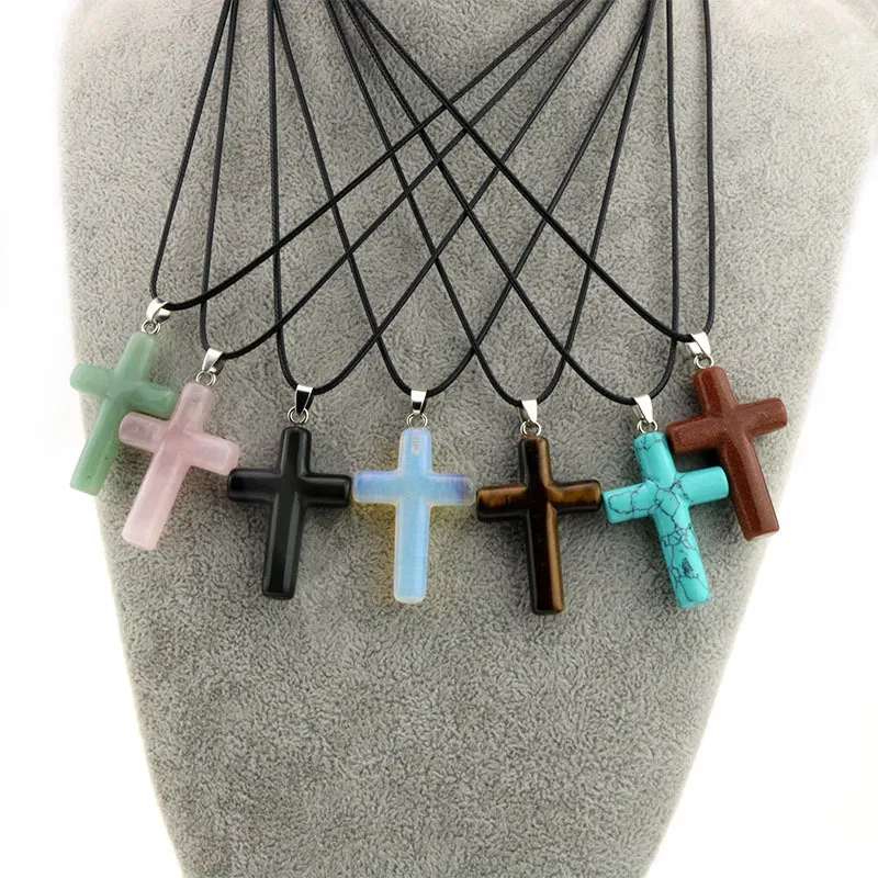 Natural Stone Tiger Eye Cross Quartz Pendant Chakra Necklace Leather Stainless Steel Chain Opal blue Pink Crystal Necklace