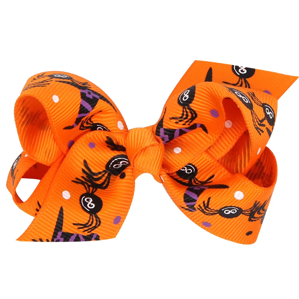 14 designs 8*4cm Halloween cartoon bat pumpkin print Ribbon baby bowknot hairpin children's hair accessories