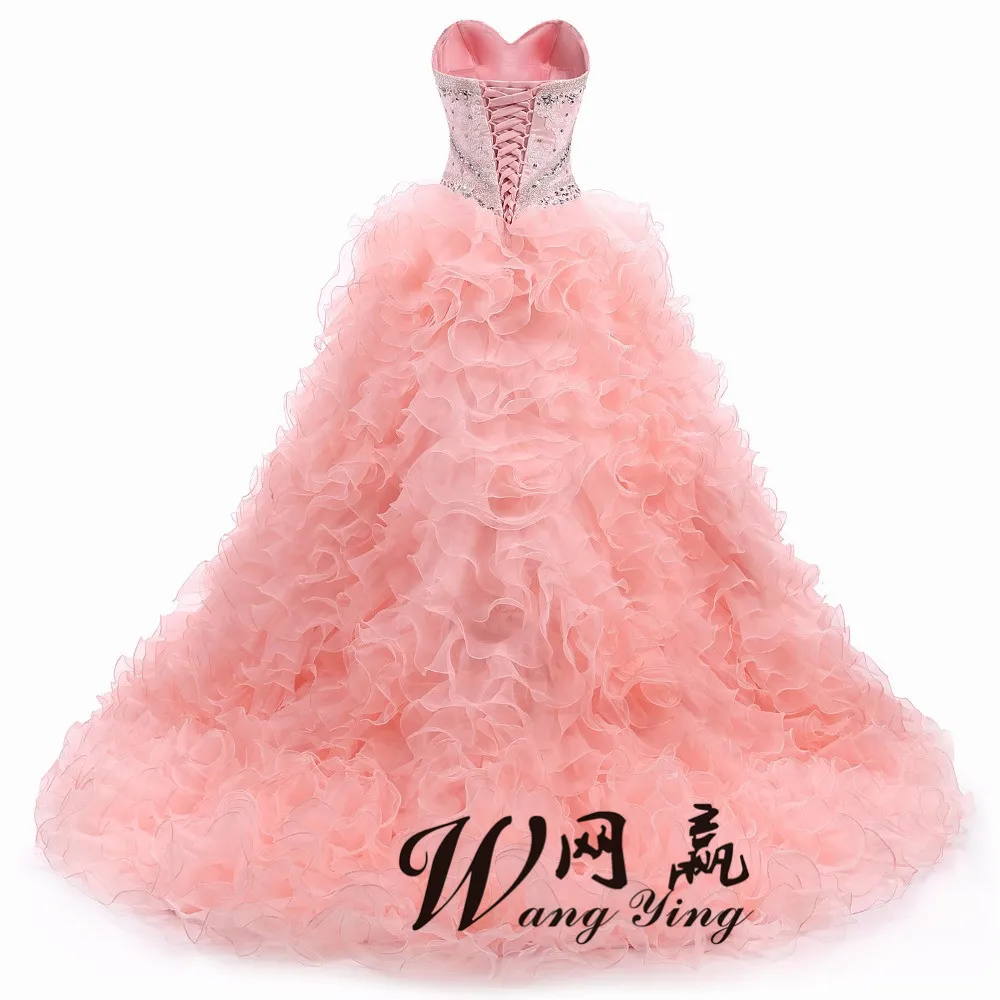 Echte Foto Quinceanera Jurken Baljurk Sweetheart Organza Kristallen Beaded Ruches Rose PinkDaftachable Sweet 16 Pageant Jurken