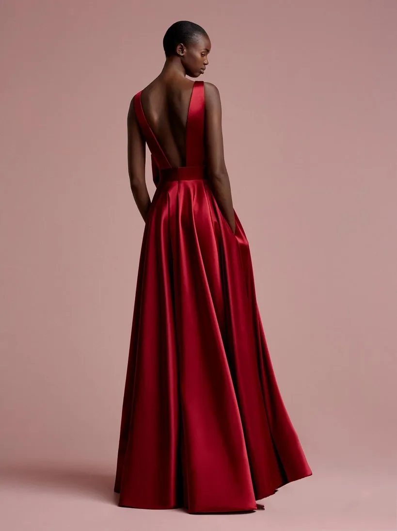 Aso Ebi Różowe Czerwone Długie Suknie Wieczorowe Kieszenie Nigerii Sexy Backless Suknie Wieczorowe 2018 Łuk głębokiego V-Neck African Formalna Sukienka Gonna