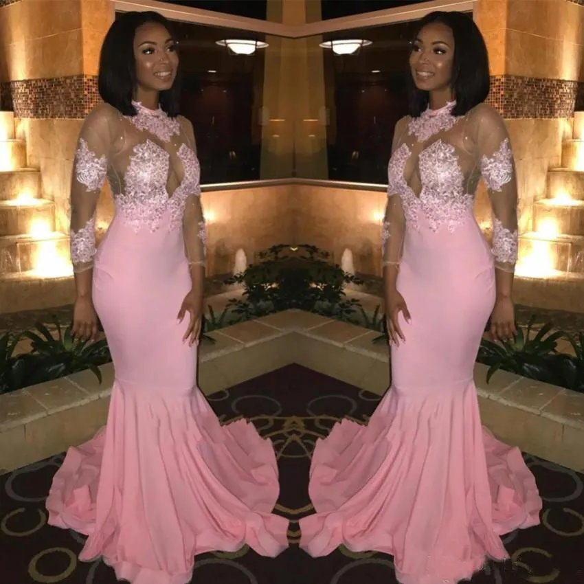 Vendita calda Sheer maniche lunghe Prom Dresses African Blacks Collo alto Sheer Appliqued Abiti da sera rosa Illusion Corpetto Party Wears