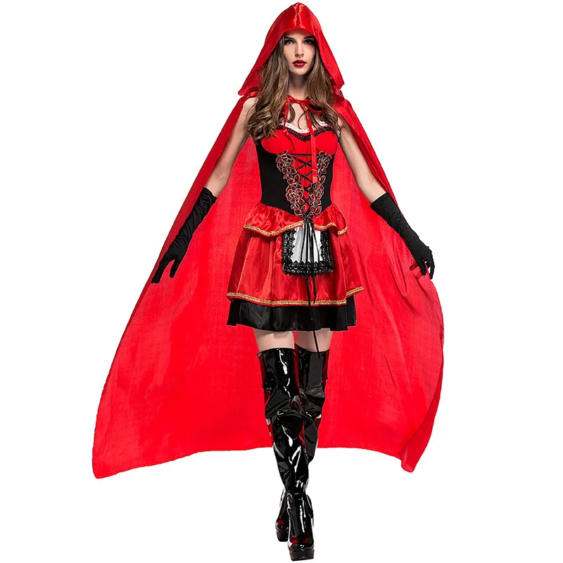 Chegada nova Fantasia Pouco Chapeuzinho Vermelho Cosplay Para As Mulheres Fantasia Halloween Cospaly Vestido de Festa Com Manto M XL