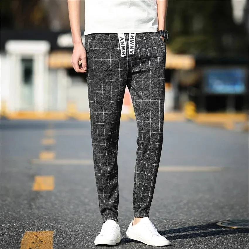 Casual Plaid Pants Men Drawstring Streetwear Ankle Length Harem Pants ...