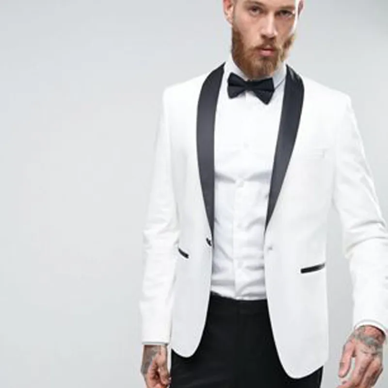 Popularne Szal Kapel Groom Nosić Jeden przycisk Biały Ślub Groom Tuxedos Mężczyźni Garnitury Prom Ślubna Obiad Best Man Blazer (Kurtka + Spodnie + Krawat)