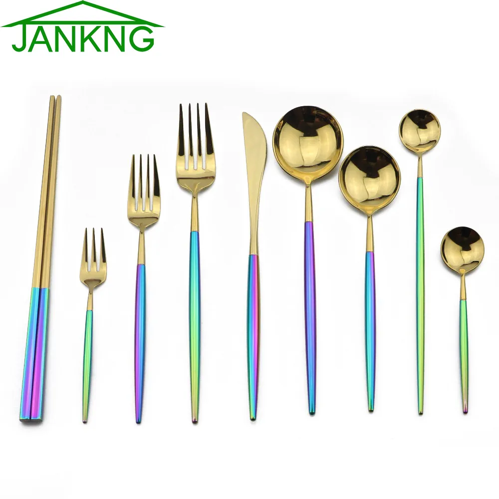 Jankng 20-bit guld regnbåge silverware set 18/10 Stainles Steel Dinnerware Set Blazing Färgglada Porslin Bestick Set Service 4