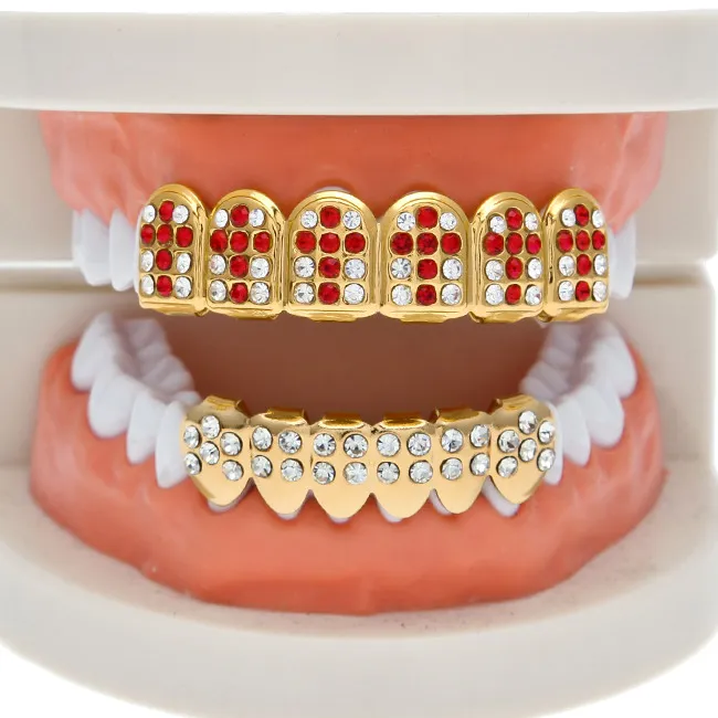 Accessori per feste cosplay hiphop CZ Crystal Bio Rame Oro Denti Grillz Caps Top & Bottom con ciondolo croce nera rossa_voghion.com