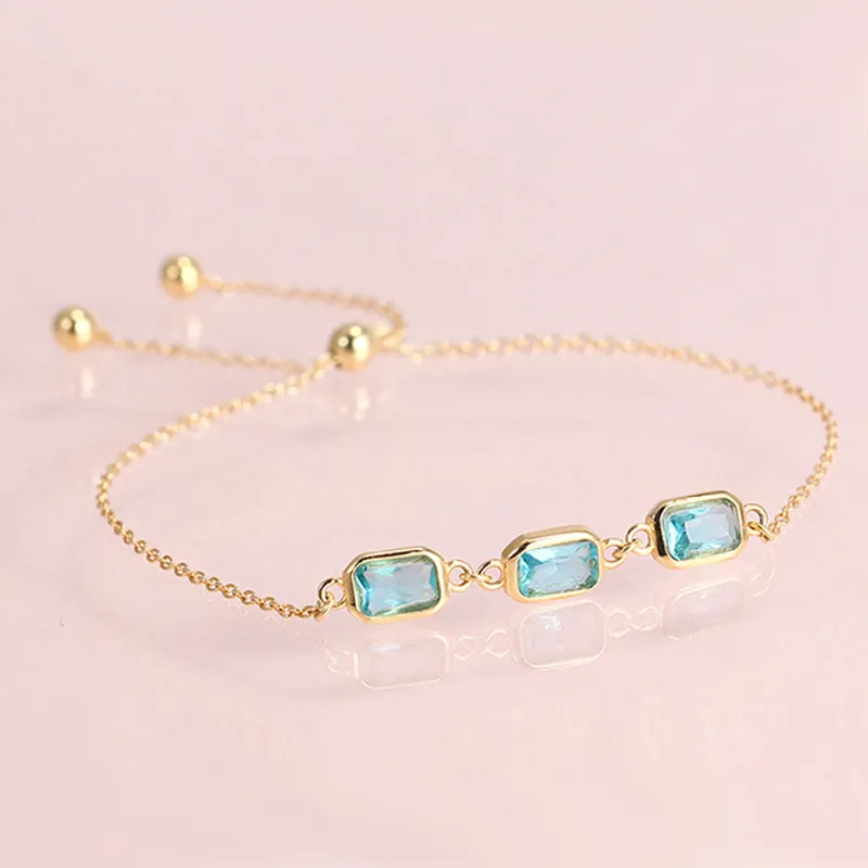 Hutang Blue Topaz CZ 925 Sterling Silver Link Bracelets Yellow Gold Color Gemstone Fine Jewelry Adjustable Bracelet for Women's