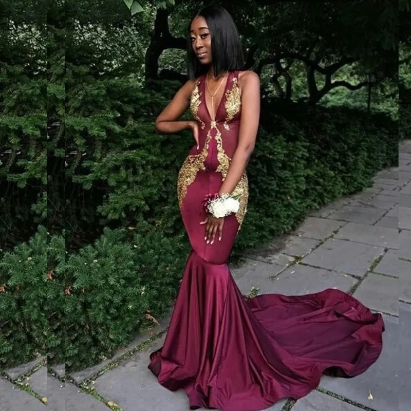 Charming Deep V-Neck Prom Dresses With Golden Appliques Sleeveless Satin Sweep Train Mermaid Party Dresses African Girl 2K18 Prom Dress