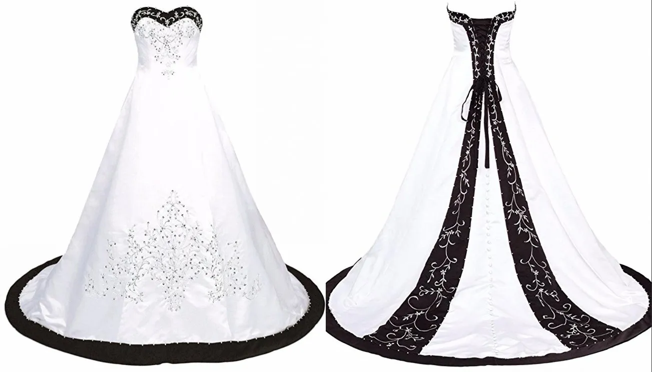 Abito da sposa classico in bianco e nero Ricamo Princess Satin Una linea Lace up Back Court Train Paillettes Abiti da sposa economici lunghi con perline