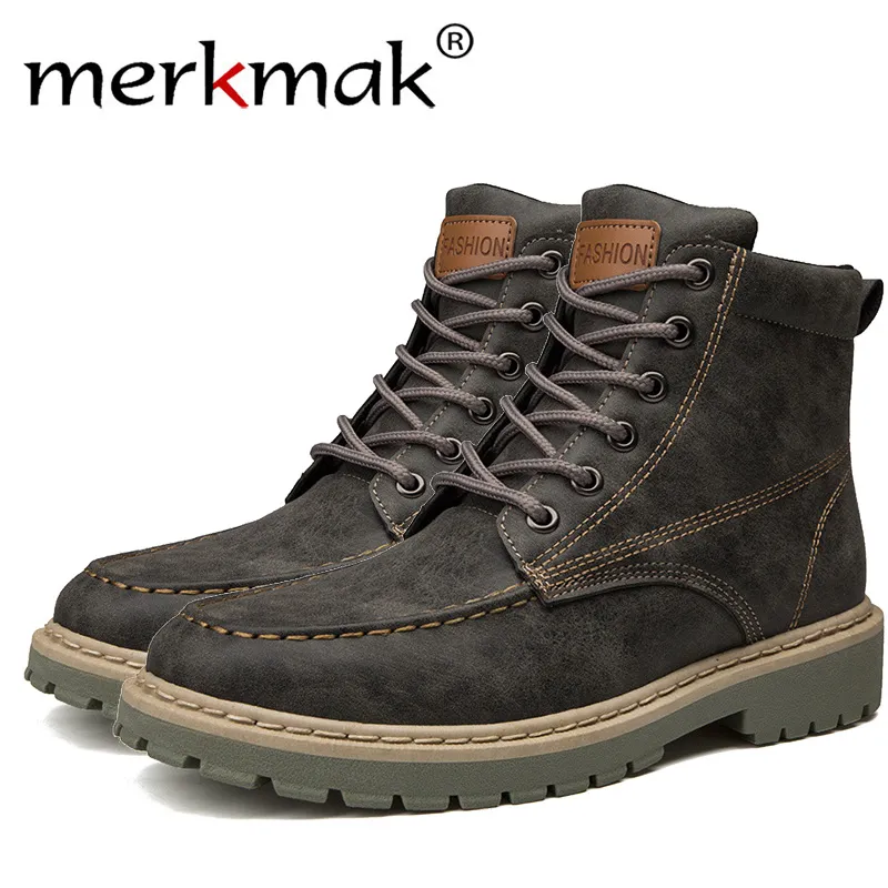 Merkmak Genuine Leather Men Ankle Boots Vintage Lace Up High Top Shoes Fashion Winter Autumn Warm Martin Boots Casual Outdoor
