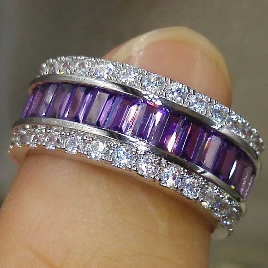 Storlek 5/6/7/8/9/10 mousserande lyx smycken 10kt vitguld fylld populär torg amethyst cz kristall kvinnor bröllop finger ring gåva med låda