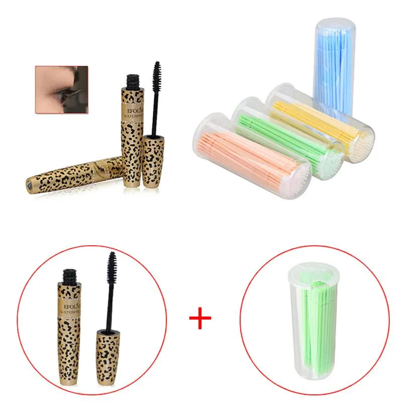 Leopard Long Curling Eyelash Black Fiber Tjock Mascara Eye Lashes + 100pcs Enstaka mikroborstar