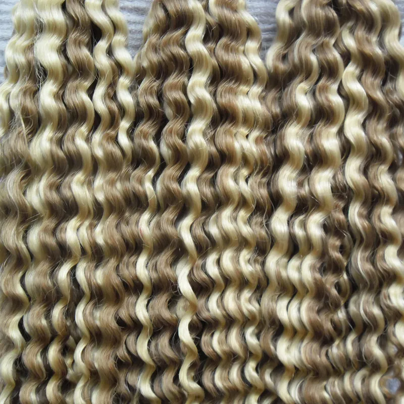 Färg P18 / 613 Kinky Curly Human Pre Bonded Fusion Hair I Tip Stick Keratin Dubbeldragen Remy Hair Extension 300g / Strands