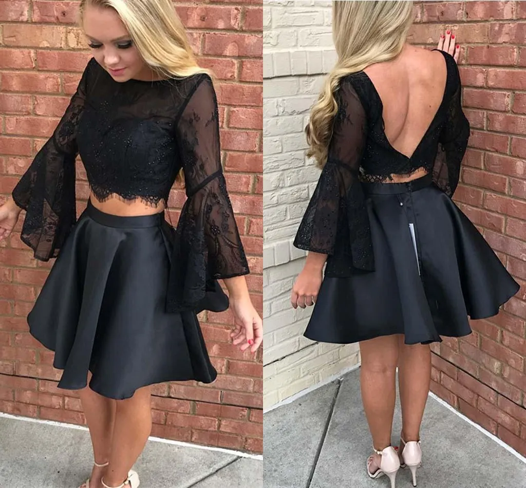 2022 Sexy Black Juliet Lange mouwen Homecoming Prom Dress Short Jewel Neckin Beaded Twee stukken Satin Party Graduation Cocktail Jurk