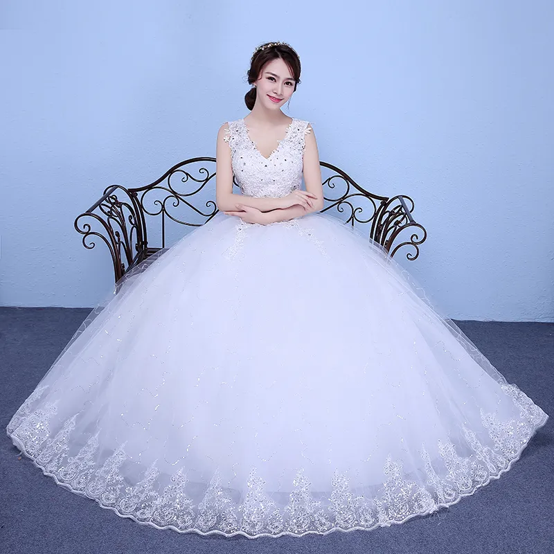 Vestido De Noiva 2018 New Arrival Organza V-neck Crystal Diamond Lace Up Ball Gown Lace Satin Princess Wedding Dresses