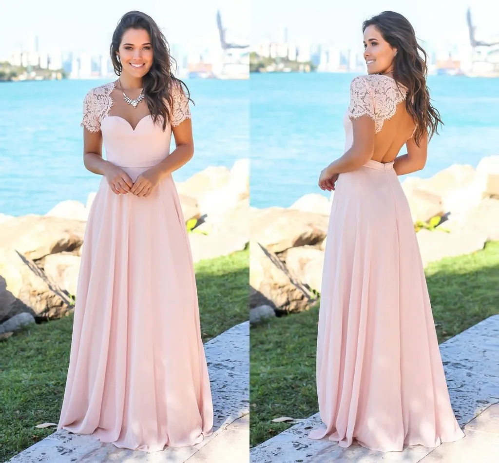 Blozen roze backless chiffon bruidsmeisje jurken lieverd korte mouwen kant plus size marine blauwe bruidsmeisje jurken bruiloft gasten jurk