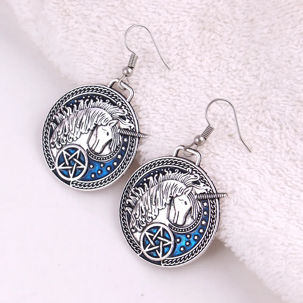 Myth Animal Medieval Unicorn Pentagram Talisman With Magic Star Blue Enamel Charm Pendent Earring Cheap Price Provide Drop Shipping