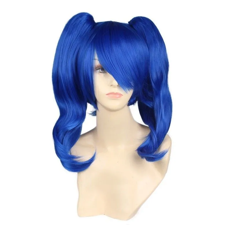 Perruques de cheveux d'anime de Cosplay de femmes de queue de cheval moyenne droite bleue