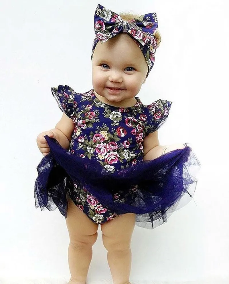 Roupas de bebê 2018 mais novo bebê meninas vestido moda flores impresso gaze vestido + Headband crianças recém-nascidas meninas requintado vestidos de princesa