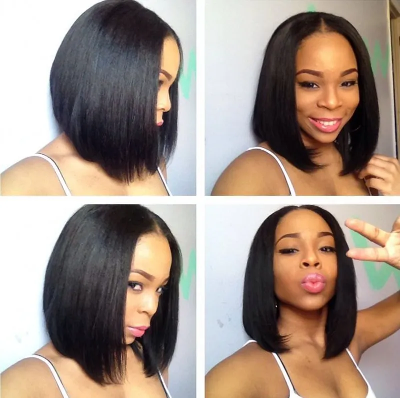 Straight Lace Front Bob Wigs Pre Plucked Middle Part Natural Color Peruvian Human Hair Wig Bleached Knots