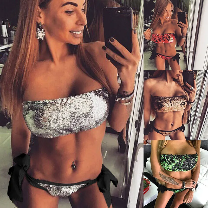 1 takım Halter Mayo Bandaj Mayo Bling Pullu Mayo Bikini Bikinis De Las Mujeres Omuzlar Biquini Brasileiro Spor