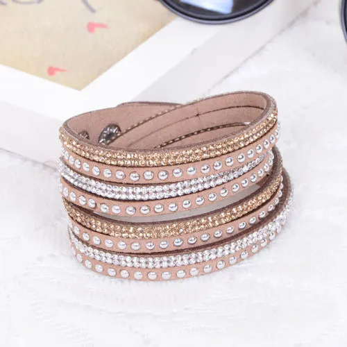 Kvinnor Crystal Rhinestone Slake Deluxe Läder Wrap Armband Cuff Punk Armband Bangles Fit Party Bästa present 15 färger