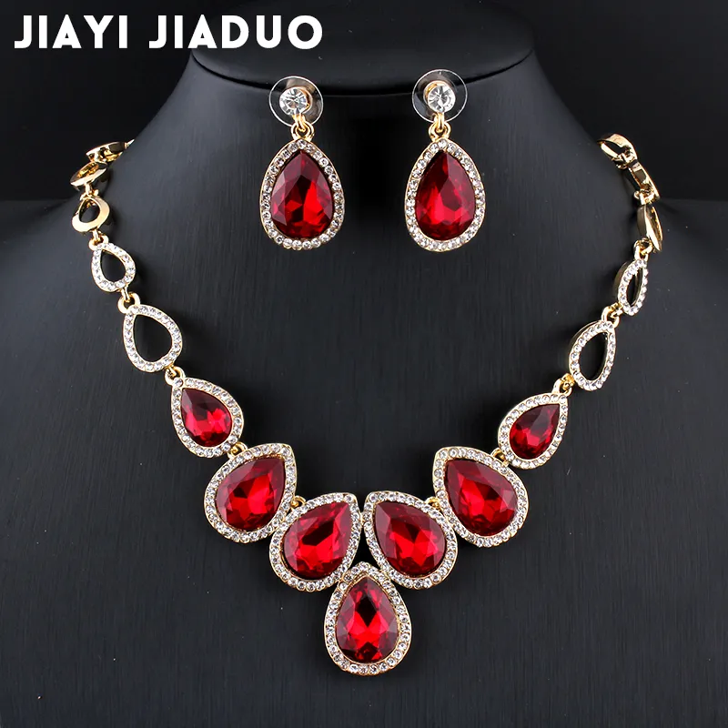 whole salejiayijiaduo Hot african Jewelry set Gold-color cystal necklace set and earrings for women Red crystal wedding jewelry