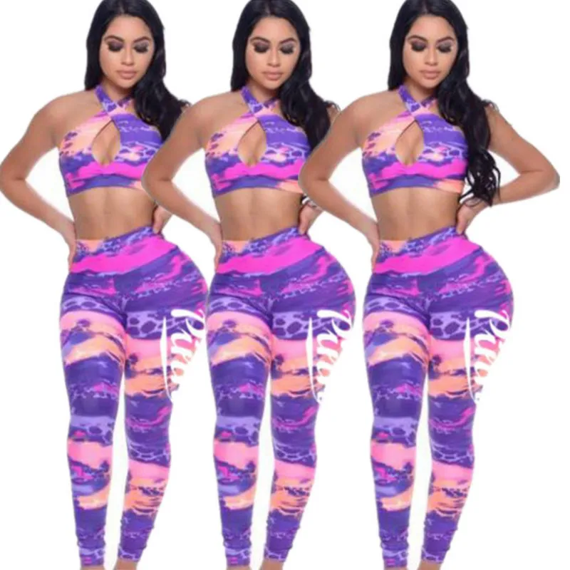 Letra Graffiti Print Sexy Conjunto de dos piezas Trajes de verano Crop Tops + Bodycon Pantalones Traje 2 piezas Conjunto a juego Chándal Mujer Sin tirantes Club Wear