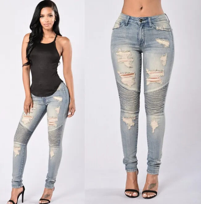 Rasgado Sexy Jeans Skinny Das Mulheres De Cintura Alta Slim Fit Denim Calças Slim Denim Motociclista Reta Skinny Rasgado Calças Lápis