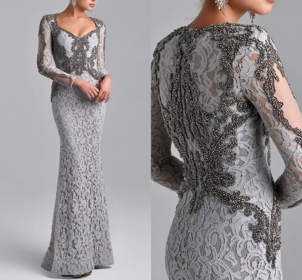 Custom Made Mother's Dresses Mermaid V-neck Long Sleeves Silver Lace Beaded Mother Dresses Evening Dress For Wedding