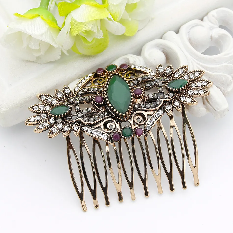 Peigne à Cheveux Floral Argenté Avec CZ Vert Style Victorien Belle Epoque - Neuf