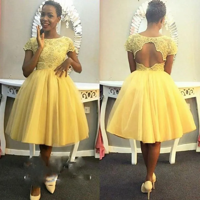 Fashion Yellow Tea Length Prom dresses Short Sleeves Lace Keyhole Back For Black Women Tulle Ball Gowns Homecoming Party Dress Gowns Evening