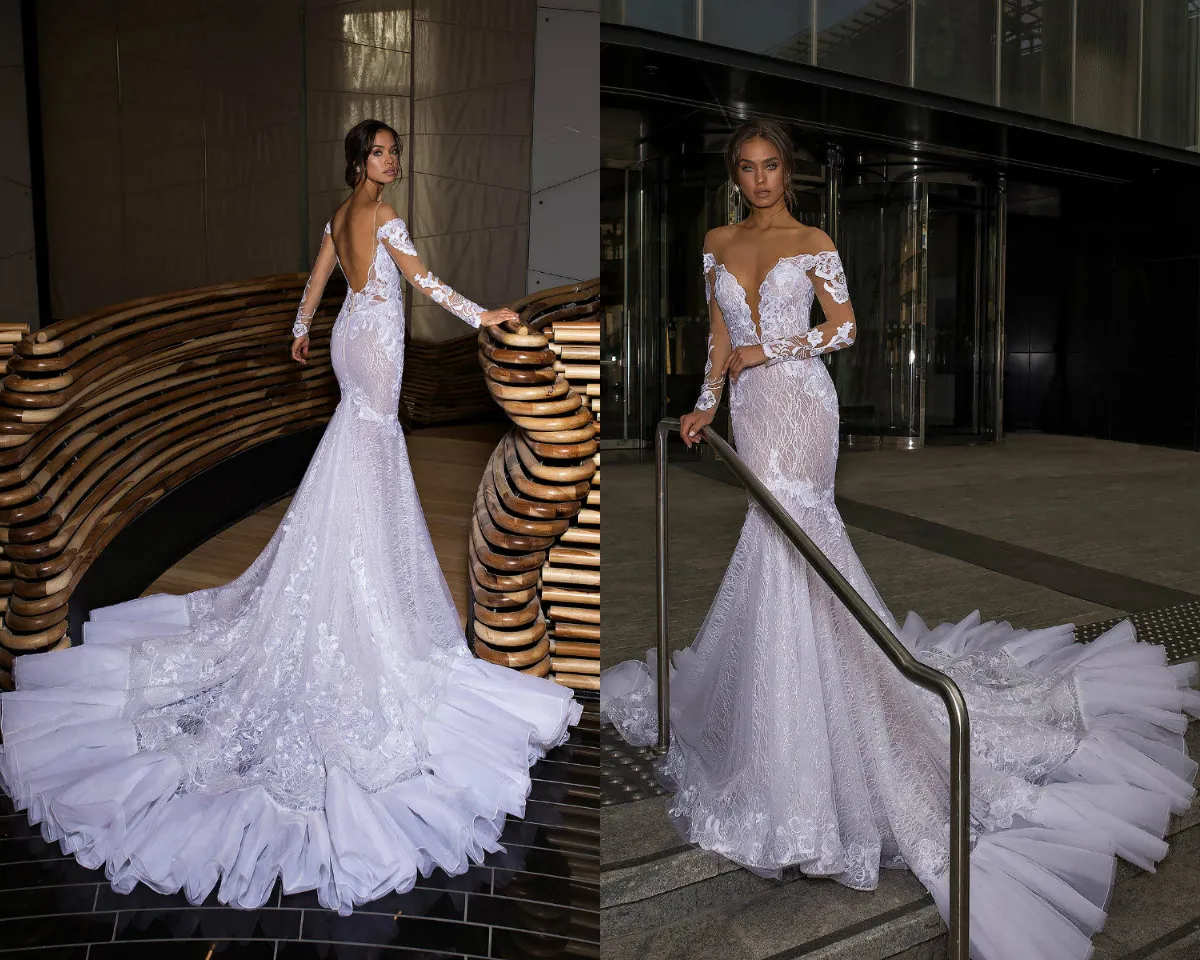 Generous Mermaid Wedding Dresses Backless Sweep Train Lace Sequined Off The Shoulder Country Bridal Dress Long Sleeve Boho Wedding Gowns